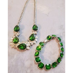 Emerald Green Silver Tone Necklace And Bracelet Set Faceted Rhinestone Jewelry